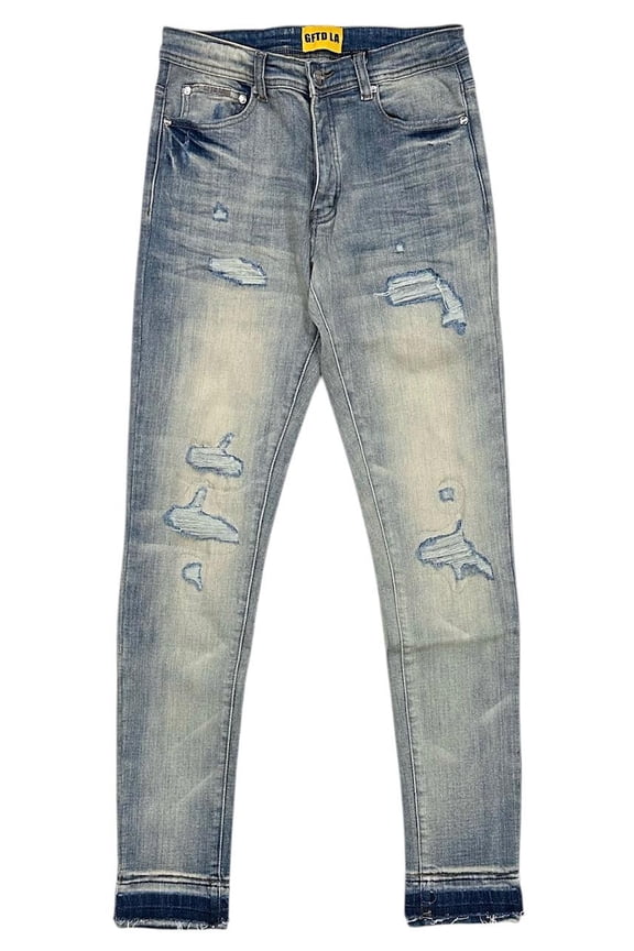 Los Angeles Men's Skinny Fit Jeans Playa Distressed Rip & Repair Denim (40, Light Stonewashed)