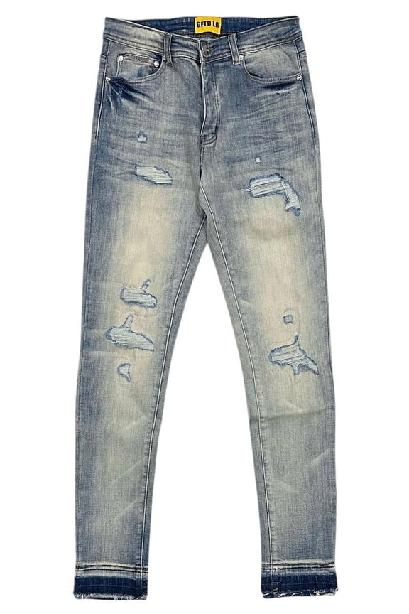 Los Angeles Men's Skinny Fit Jeans Playa Distressed Rip & Repair Denim (42, Light Stonewashed)
