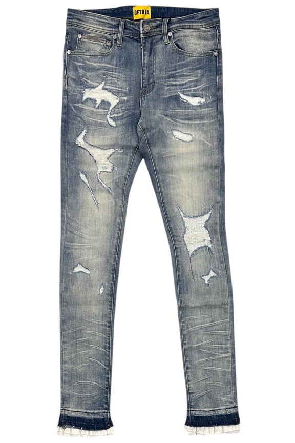 Los Angeles Men's Skinny Fit Jeans Ron Distressed Rip & Repair Denim (32, Mid Wash Blue)