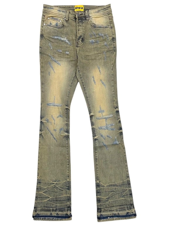 Los Angeles Men's Skinny Stacked Flared Jeans Jack Distressed Rip Denim (29, Vintage Blue Wash)