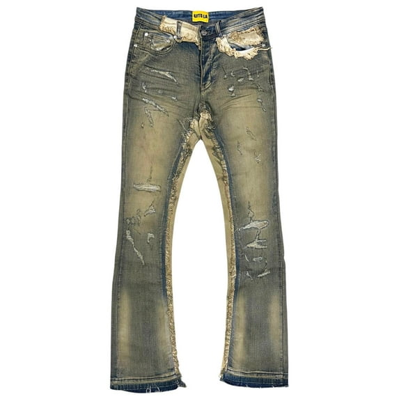 GFTD LA Los Angeles Men's Stacked Flared Jeans Distressed Rip Vintage Wash Denim (29, Vintage)