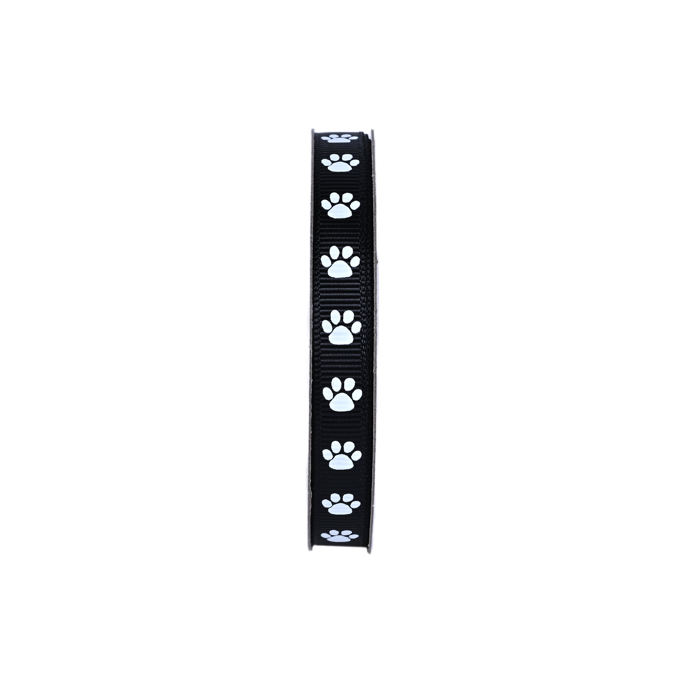 Gwen Studios 3/8" White Paws on Black Grosgrain Ribbon, 7 yards