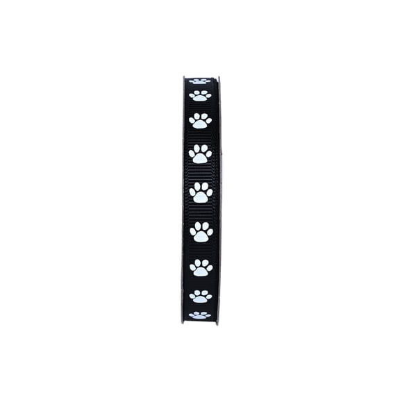 Gwen Studios 3/8" White Paws on Black Grosgrain Ribbon, 7 yards