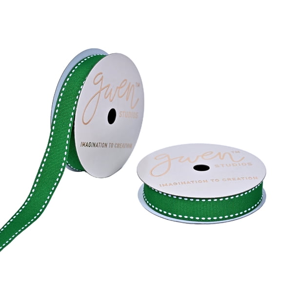Gwen Studios 5/8" White Saddle Stitch on Green Grosgrain Ribbon, 3 Yards