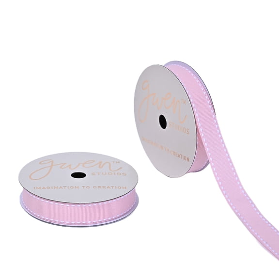 Gwen Studios 5/8" White Saddle Stitch on Pink Grosgrain Ribbon, 3 Yards