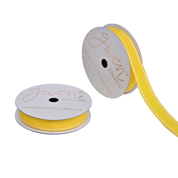 Gwen Studios 5/8" White Saddle Stitch on Yellow Grosgrain Ribbon, 3 Yards