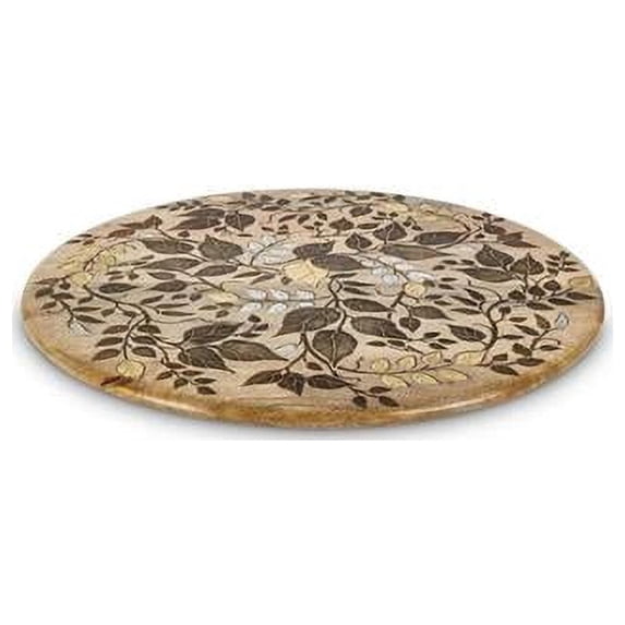 GG Collection 24.5 x 4.5 x 24 in. Mango Wood with Laser & Metal Inlay Leaf Design Tabletop Lazy Susan - Brown