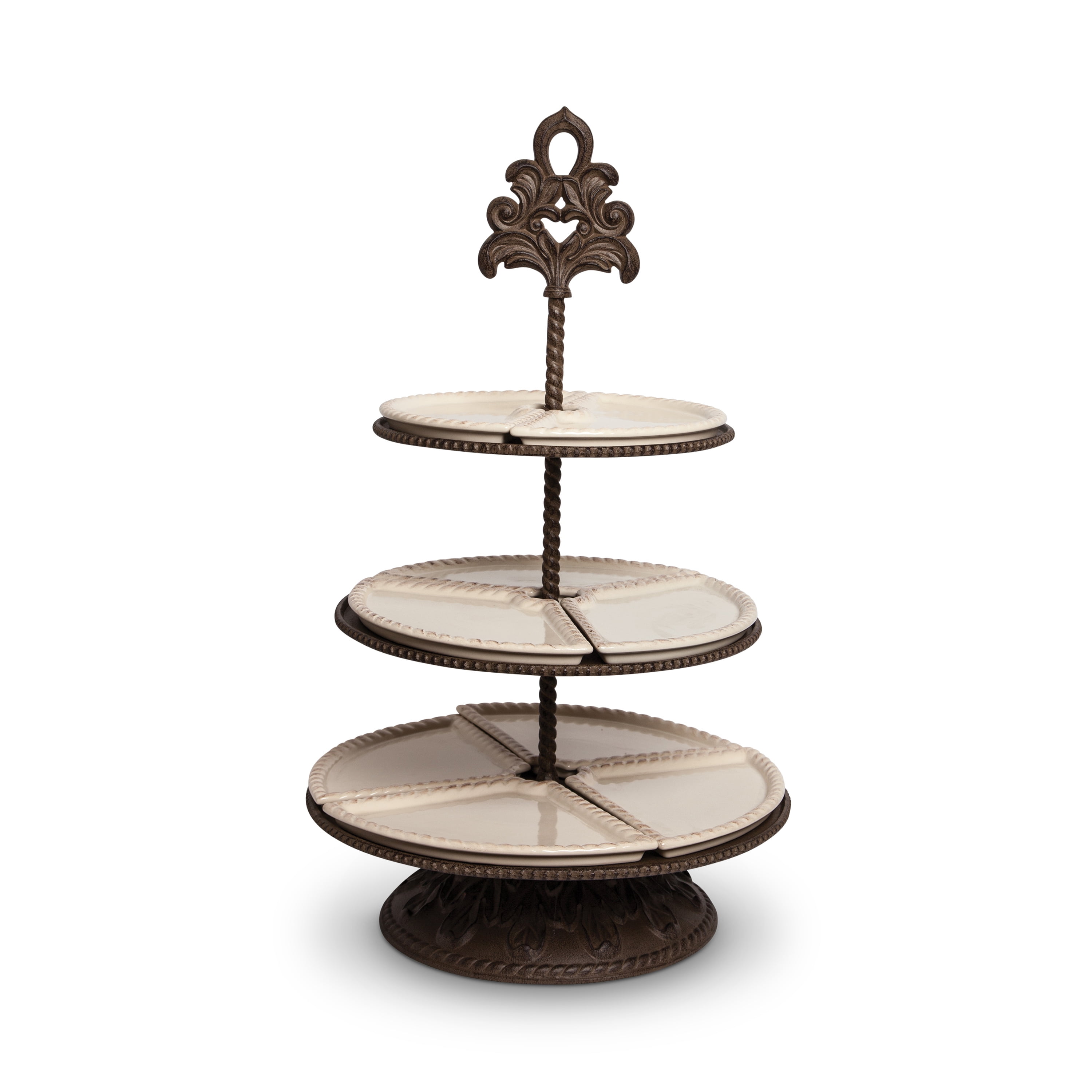 Dark Brown Ceramic 3-Tiered Round Server with Metal Base