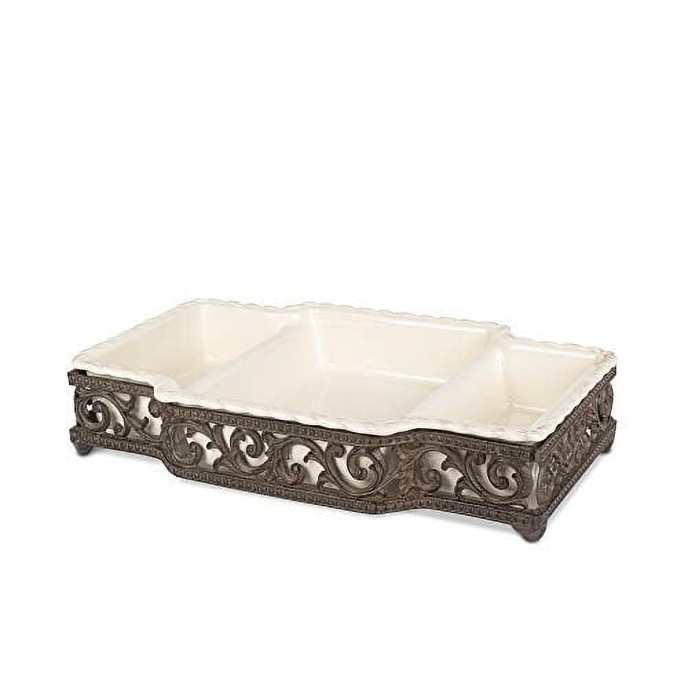 Acanthus Leaf Cream Ceramic 3-Part Rectangular Server with Metal Base