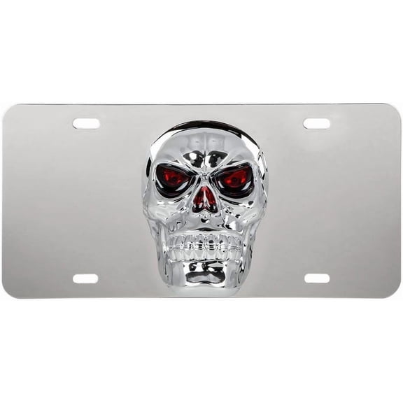 GG Grand General 60286 Stainless Steel License Plate w/ 3D Big Skull Emblem, 4 Holes, Chrome