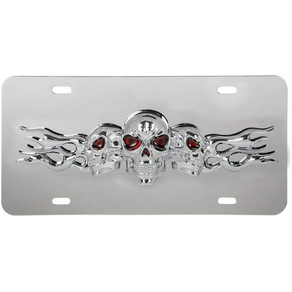 GG Grand General 60286 Stainless Steel License Plate w/ 3D Big Skull Emblem, 4 Holes, Chrome