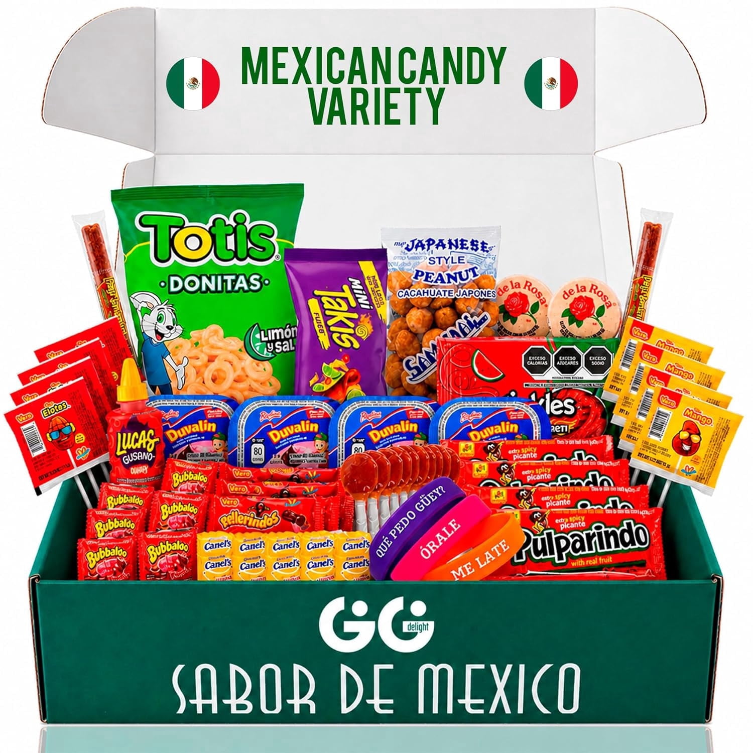 GG delight Mexican Candy Box Variety pack Authentic Dulces Mexicanos with Duvalin Salsaghetti Spicy Snacks Contains Dairy.