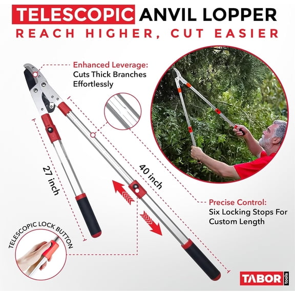GG22A Telescopic Extendable Anvil Lopper with Compound Action, 27-40 Inch Telescopic Tree Trimmer, Long Handled  Cutter with ⌀   2 Inch Cut Capacity, Chops Thick Branches with Ease
