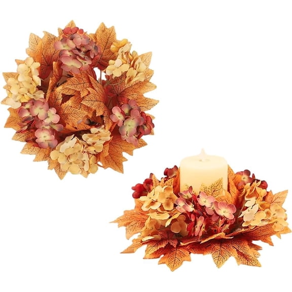 GGB-2Pcs Fall ative Candle Ring,Candle Rings Wreaths Mini Artificial Fall Leaves Candle Wreaths Candlestick Holder Thanksgiving Halloween ative Candle Rings for Wedding Party Table 0509