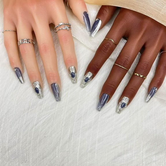 GGDDSHA 10pcs Press On Nails Long Coffin Fake NailsFashion Rhinestone Design Art Charms For WomenHandmade Nail Art Manicure Gradient,Mercury Veil