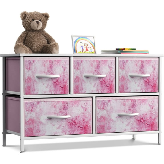 GGI International Dresser w/ 5 Drawers Furniture Storage Chest for Home, Bedroom Tie-Dye Pink