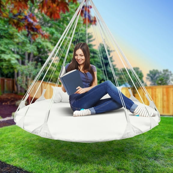 GGI International Hanging Swing Nest with Pillow, Double Hammock Daybed Saucer Style Lounger Swing, 264 Pound Capacity White