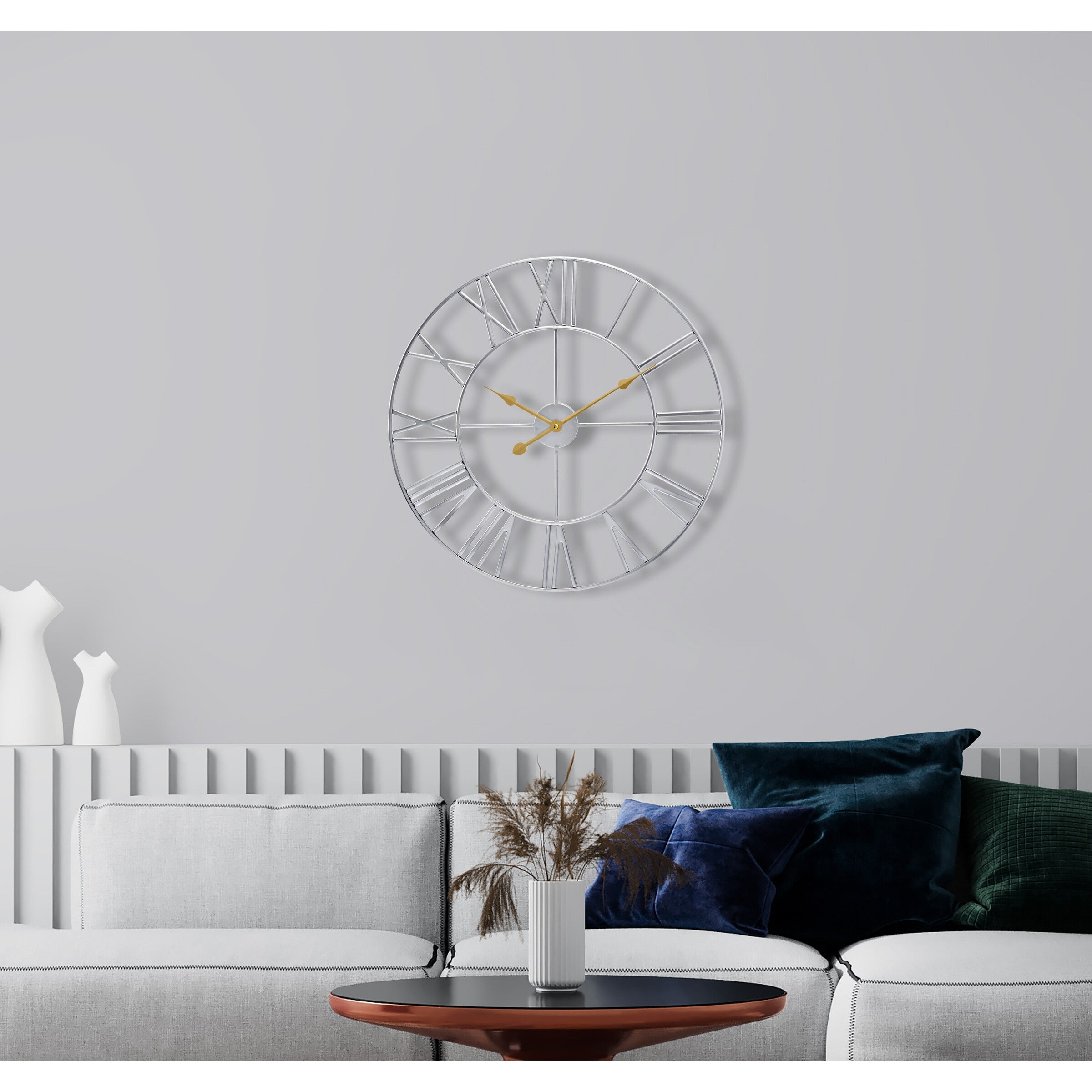 Oversized Silver Metal Roman Numeral Wall Clock