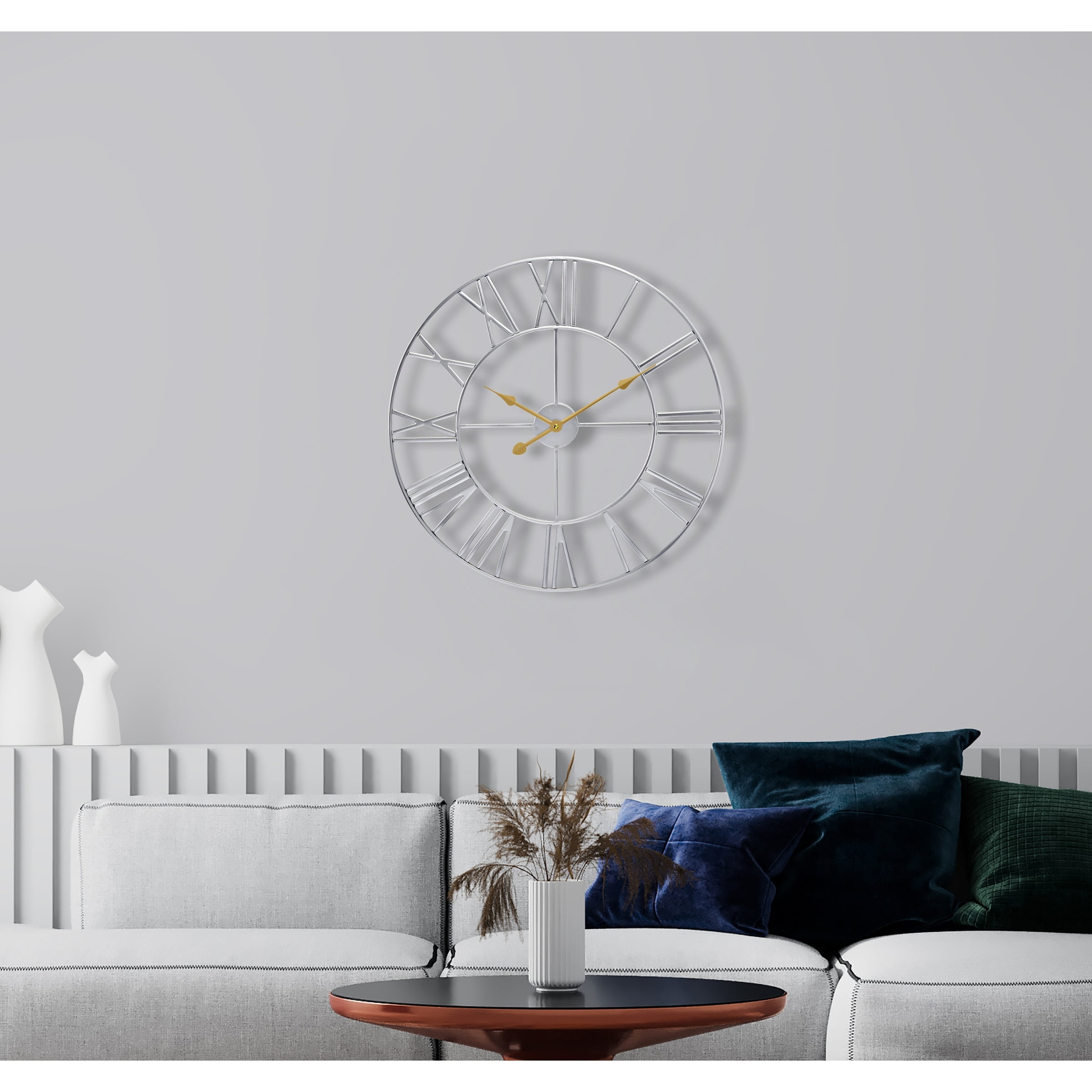 Oversized Silver Metal Roman Numeral Wall Clock