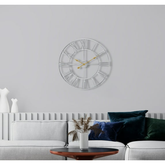 GGI International Large Decorative Wall Clock 16" - Roman Numeral Modern Home Decor Silver