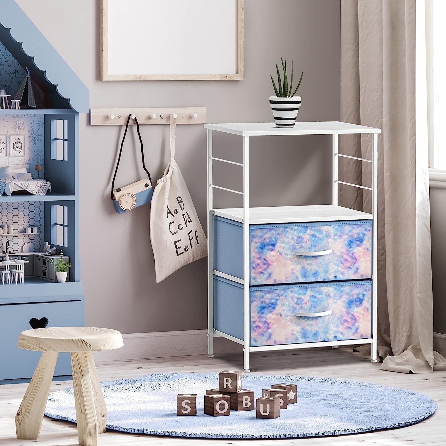 Sorbus Nightstand 2-Drawer Storage Dresser - Kids, Teens Boys & Girls Bedrrom Furniture, Accent End Table Chest, College Dorm, Steel Frame, Wood Shelf & Top, Fabric Bins (Tie-dye Blue)