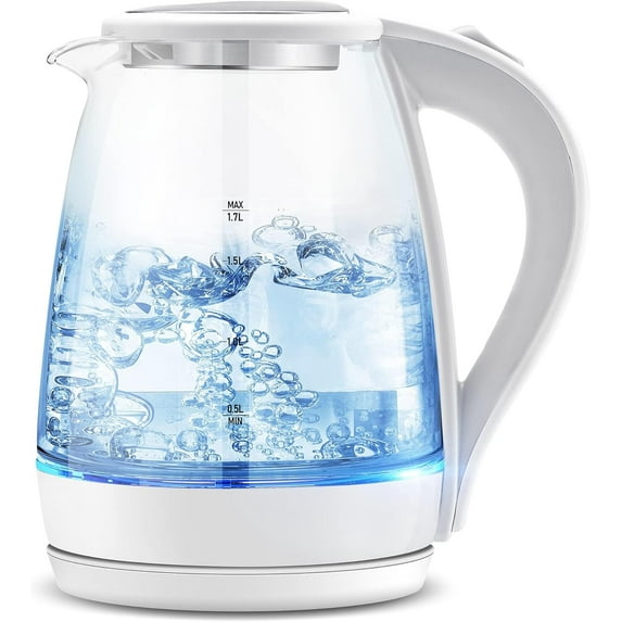 GGIU Electric Kettle, 1.7L Hot Water Boiler - Glass Tea kettle with Wide Opening and Led Indicator, Auto Shut-Off and Boil-Dry Protection,White