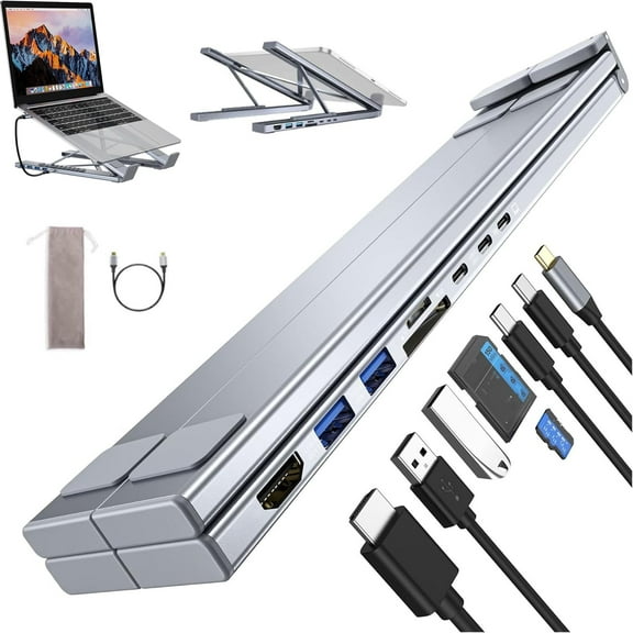 GGMCN 8-in-1 USB-C Laptop Stand, Totaladdly Portable Adjustable Flat Laptop Docking Station Stand with 4k HDMI, 2 USB 3.0, Pd 100w, Universal for Offices, Corporate Desks, Cafes (1Pcs)