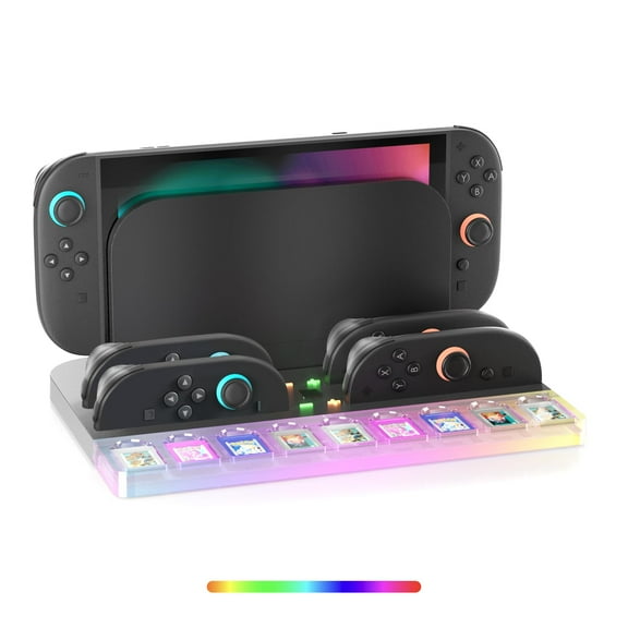 GGMCN Charging Dock Station Compatible with Nintendo Switch 2 Joy-Con Controller Charger, Switch 2 Storage Stand Organizer with 7 RGB Lights, 9 Game Slots, Heat Dissipation Slot with USB Cable