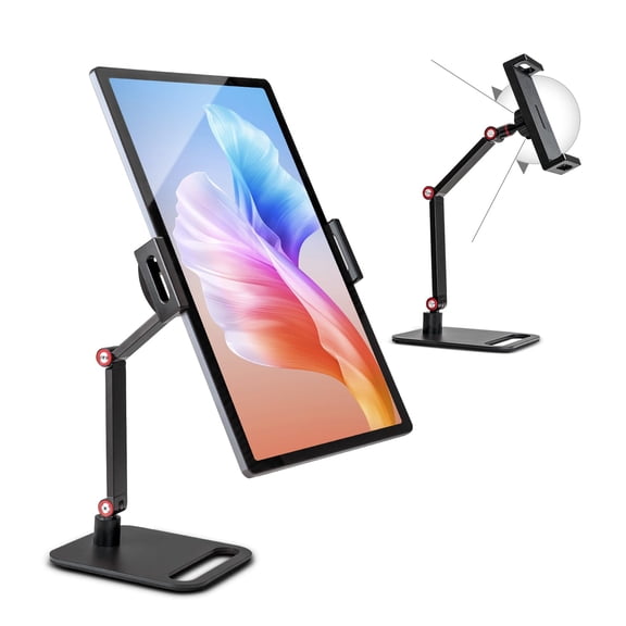 GGMCN Stand Holder, Tablet Phone Desktop Stand with 2 Adjustable Arm and 360 Rotates, Foldable Stand Holder for iPad iPhone Tablet, black
