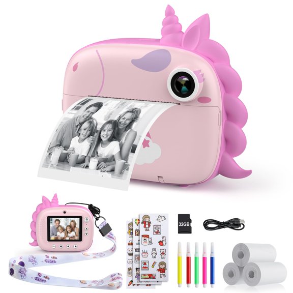GGMVN Kids Camera Instant Print, Selfie Digital Camara for Kids with Print Paper & 32G Card, 2.5K Video & Instant Print Camera with Color Pens for DIY, Fun Gift for Girls Boys 3-12 Years Old (Pink)
