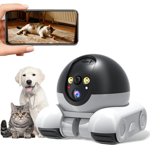 GGMVN Robot Camera On Wheels,2MP Double Lens Moving Pet Camera,2 Way Talk 1080P WiFi Small Robot Cam for Cats Dogs