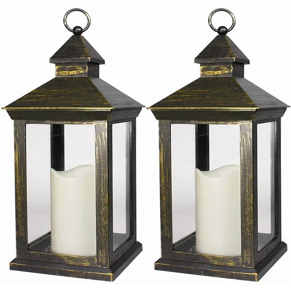 GGSW 2-PACK 14 Inch Vintage Decorative Candle Lanterns With Timer - IP44 Waterproof Distressed Gold Decorative Outdoor Lanterns Battery Powered - Hanging Decorative Lanterns For Wedding Indoors