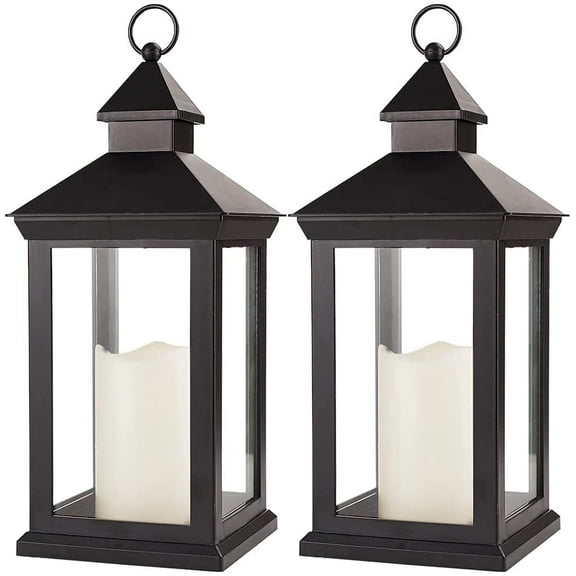 GGSW 2-Pack 14" Decorative Candle Lantern Black Outdoor Lanterns with Timer Candles - IP44 Waterproof Vintage Lanterns Battery Powered LED Decorative for Wedding - Warm White Hanging Wall