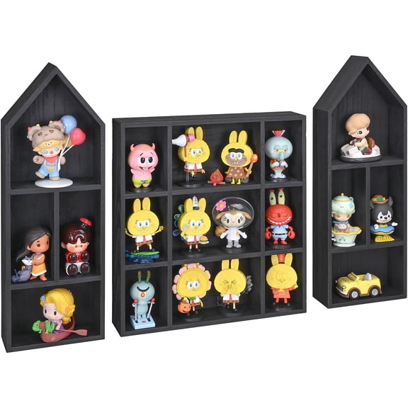 GGSW 3 Pcs Set Wooden Shadow Cubby Box Display Shelf Organizer Storage Shadow Box for Collectibles, Mini Figures, 17 compartments, Black Color, 22.8W x 2.4D x 15.7H in
