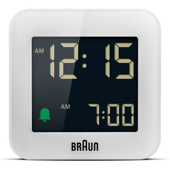 GGSW Digital Travel Alarm Clock with Snooze, Compact Size, Negative LCD Display, Quick Set,Crescendo Beep Alarm in White, Model BC08W.