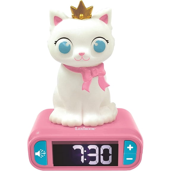 GGSW - Kitten Digital Alarm Clock for Kids with Night Light Snooze, Childrens Clock, Luminous Cat, White and Pink Colours - RL800KT
