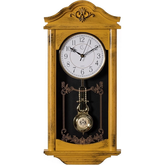GGSW Large Vintage Grandfather Wood- Looking Plastic Pendulum Wall Clock for Living Room, Kitchen, or Dining Room, Large White (Yellow)