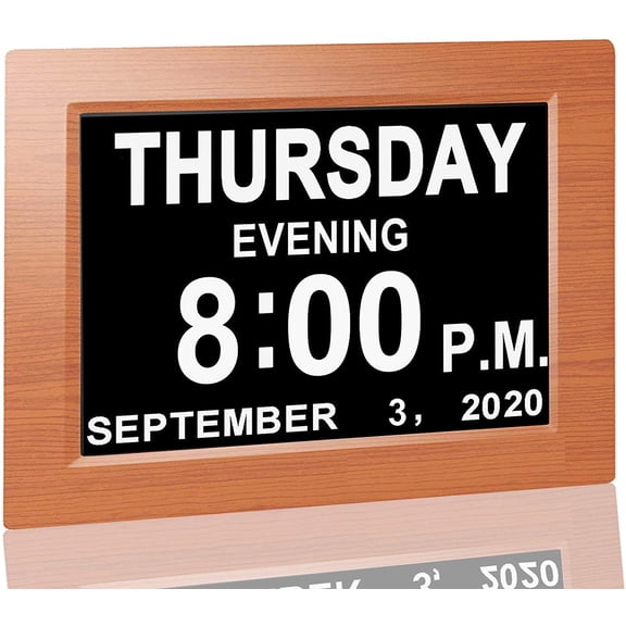 GGSW 【New 2024】 Digital Calendar Alarm Day Clock - with 8" Large Screen Display, am pm, Multiple Alarms, for Impaired Vision People, The Aged Seniors, The Dementia, for Desk, Wall Mounted, Wood