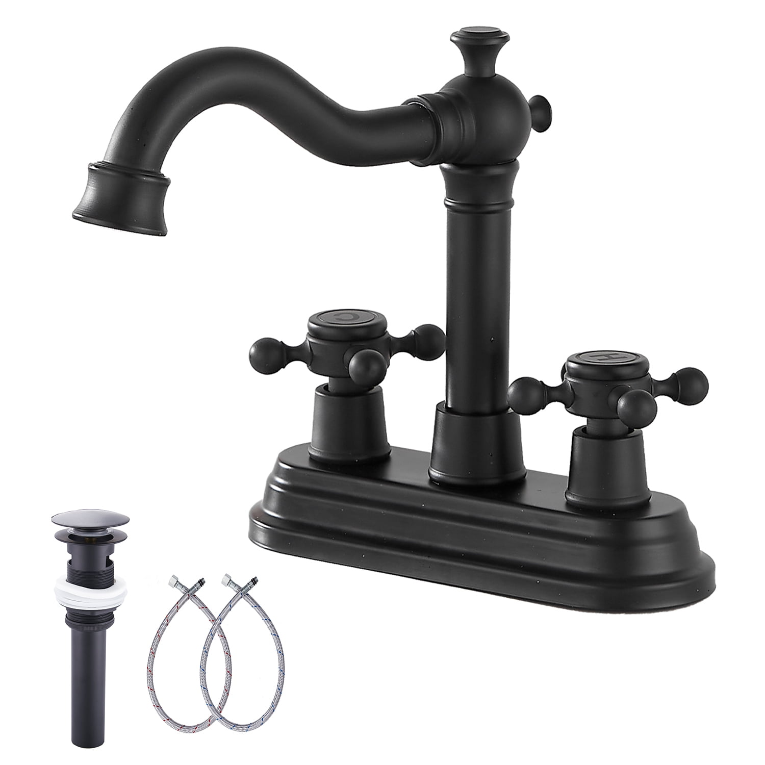 GGStudy Bathroom Faucet Matte Black 2 Handles 4 Inches Centerset RV Black Bathroom Vanity Faucet with Drain Assembly and Supply Hose Lavatory Faucet Mixer Double Handle Tap