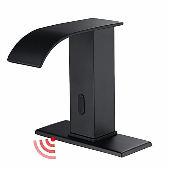 GGStudy Touchless Sensor Bathroom Faucet  Matte Black Hands-Free Waterfall Tap with Hole Cover Plate, Temperature Mixer, and Control Box
