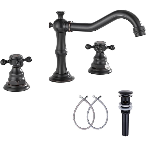GGStudy Two Handles Three Holes Faucet 8-16 inch Widespread Bathroom Sink Faucet Oil Rubbed Bronze Basin Tap Mixer Supply Hose Included Matching Metal Pop Up Drain
