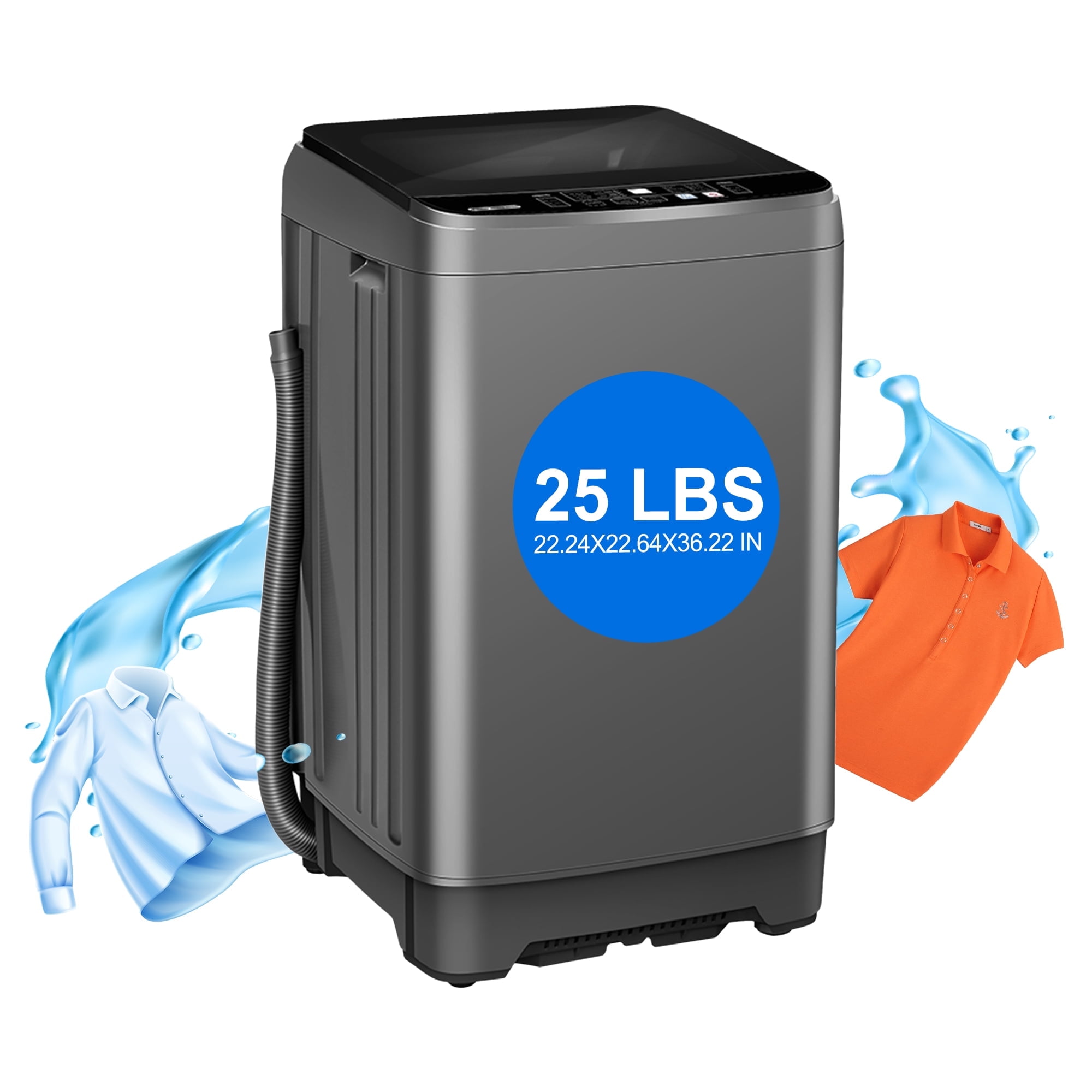 GGTB 25lbs Portable Washing Machine, Fully Automatic Washer with Stainless Steel Tub, 10 Wash Programs & 8 Water Levels, Large Capacity with Drain Pump for Apartment Home, Dorm, Gray