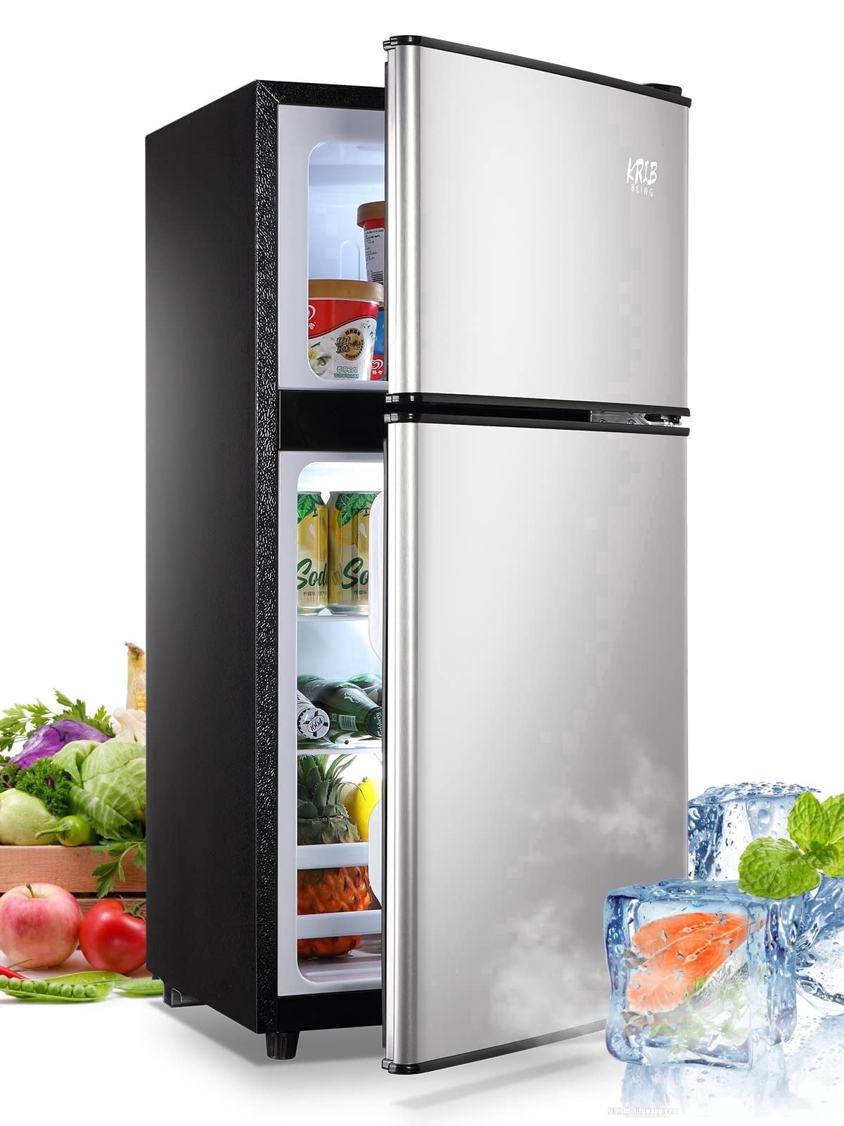 GGTB 3.0 Cu.ft Retro Double Door Mini Fridge with Freezer, Compact Small Refrigerator with Reversible Doors for Dorm Apartment Bedroom Office, Silver