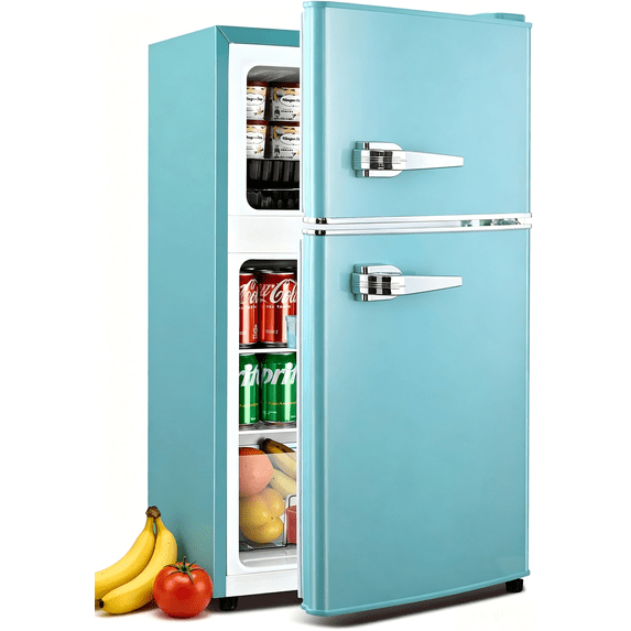 GGTB 3.0 cu.ft Retro Compact Refrigerator, Double Door Fridge with Freezer, Adjustable Thermostat & Glass Shelves for Dorm, Bedroom, Apartment, Office, Mint Blue