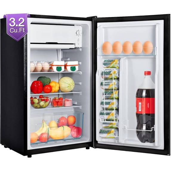 GGTB 3.2 Cu. Ft. Compact Single-Door Fridge with Mini Freezer - Adjustable Thermostat, Reversible Hinge, Black - Perfect for Apartments, Dorms & Offices