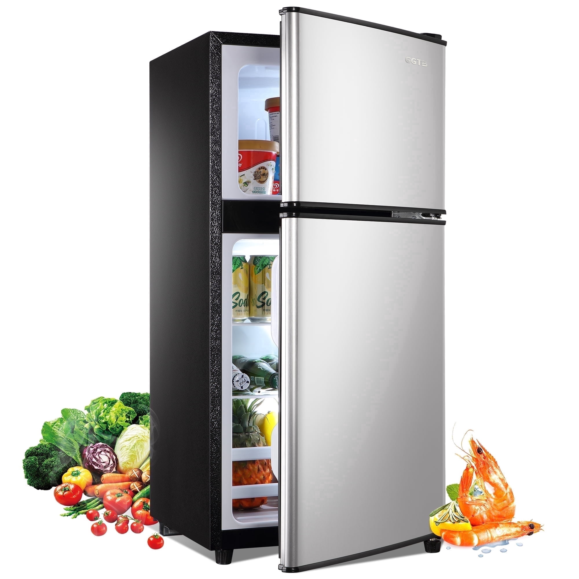 GGTB 3.0 Cu.ft Retro Double Door Mini Fridge with Freezer, Compact Small Refrigerator with Reversible Doors for Dorm Apartment Bedroom Office, Silver