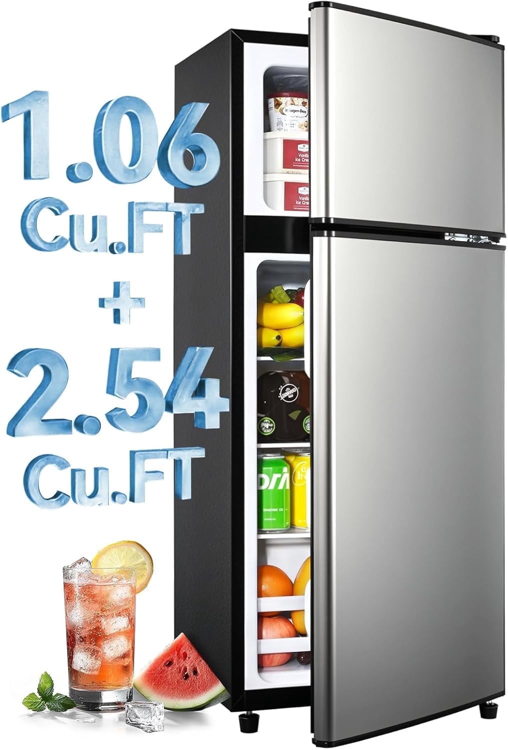 GGTB 3.5 Cu.ft Double Door Refrigerator with Freezer, 6-Level Thermostat, LED Light, Adjustable Shelves for Dorm Bedroom Office Apartment, Silver