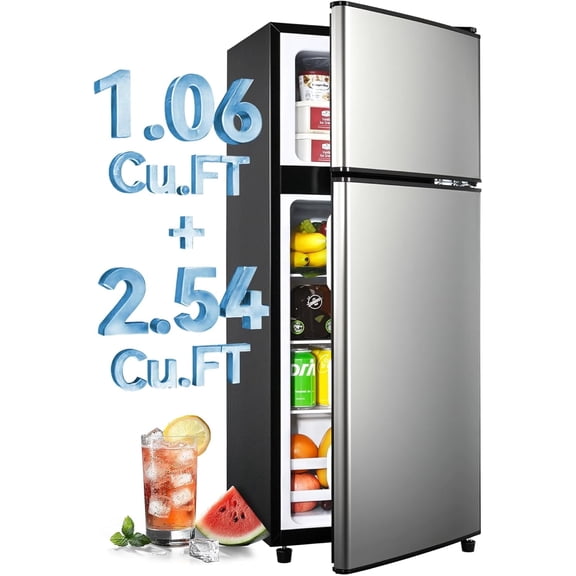 GGTB 3.5 Cu.ft Double Door Refrigerator with Freezer, 6-Level Thermostat, LED Light, Adjustable Shelves for Dorm Bedroom Office Apartment, Silver