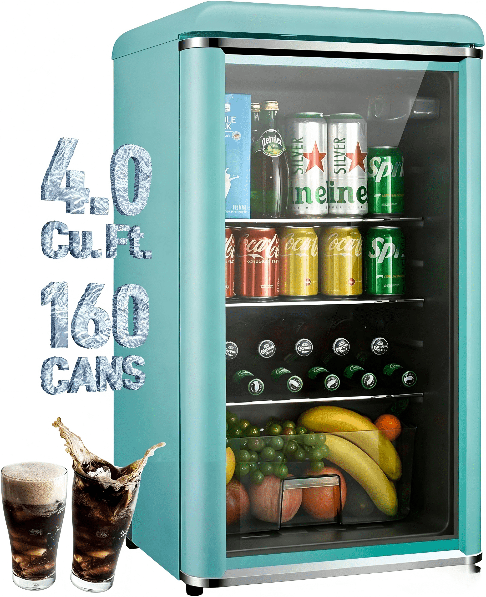 GGTB 4.0 Cu.ft Retro Beverage Refrigerator, 160-Can Mini Fridge with Double Glass Door, Adjustable Shelves, Blue