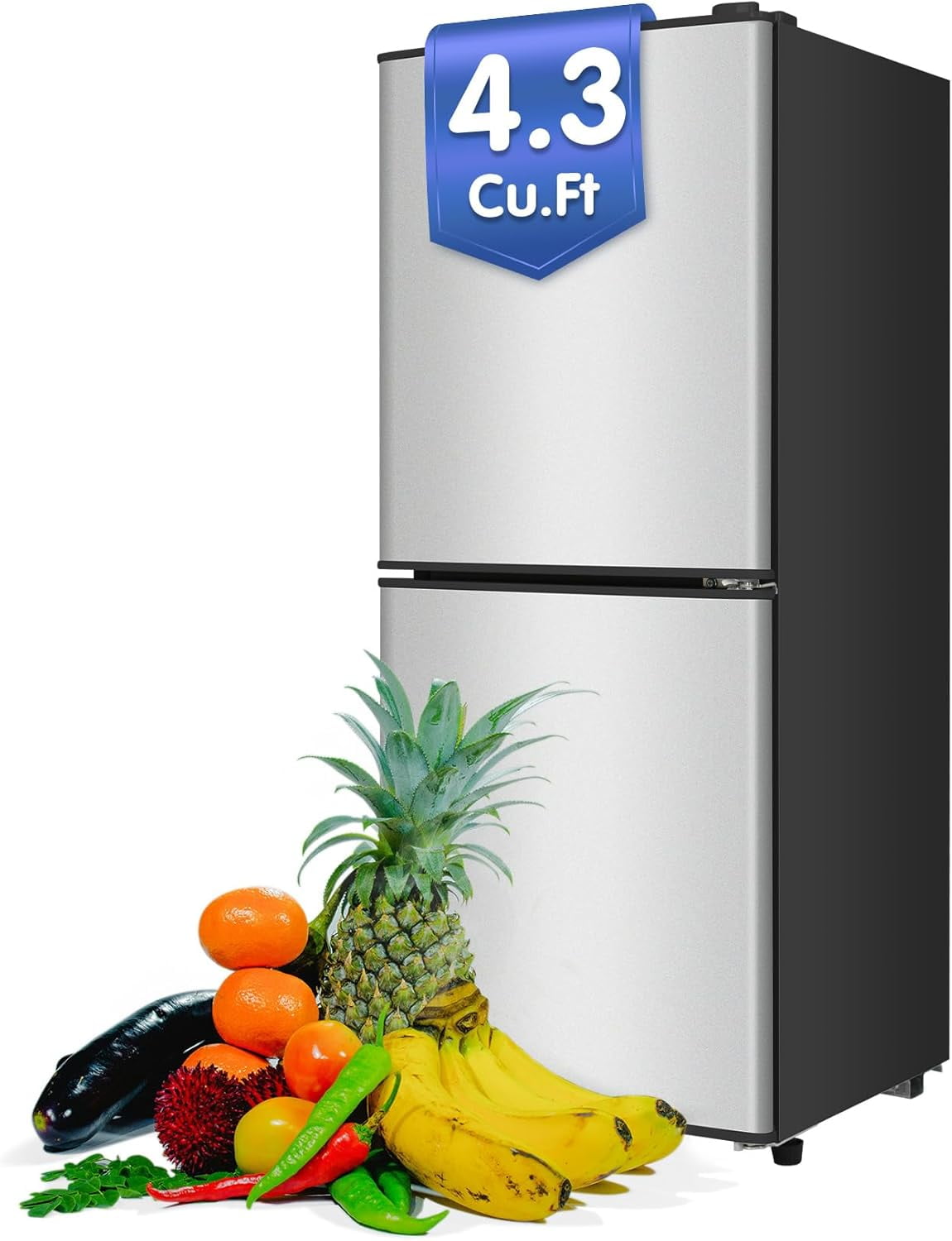 GGTB 4.3 Cu. Ft. Refrigerator with Freezer for Apartment, Dorm Fridge with 7-Level Adjustable Temperature, Compact Mini Fridge with Freezer for Dorm, Kitchen, Office, RV, Silver